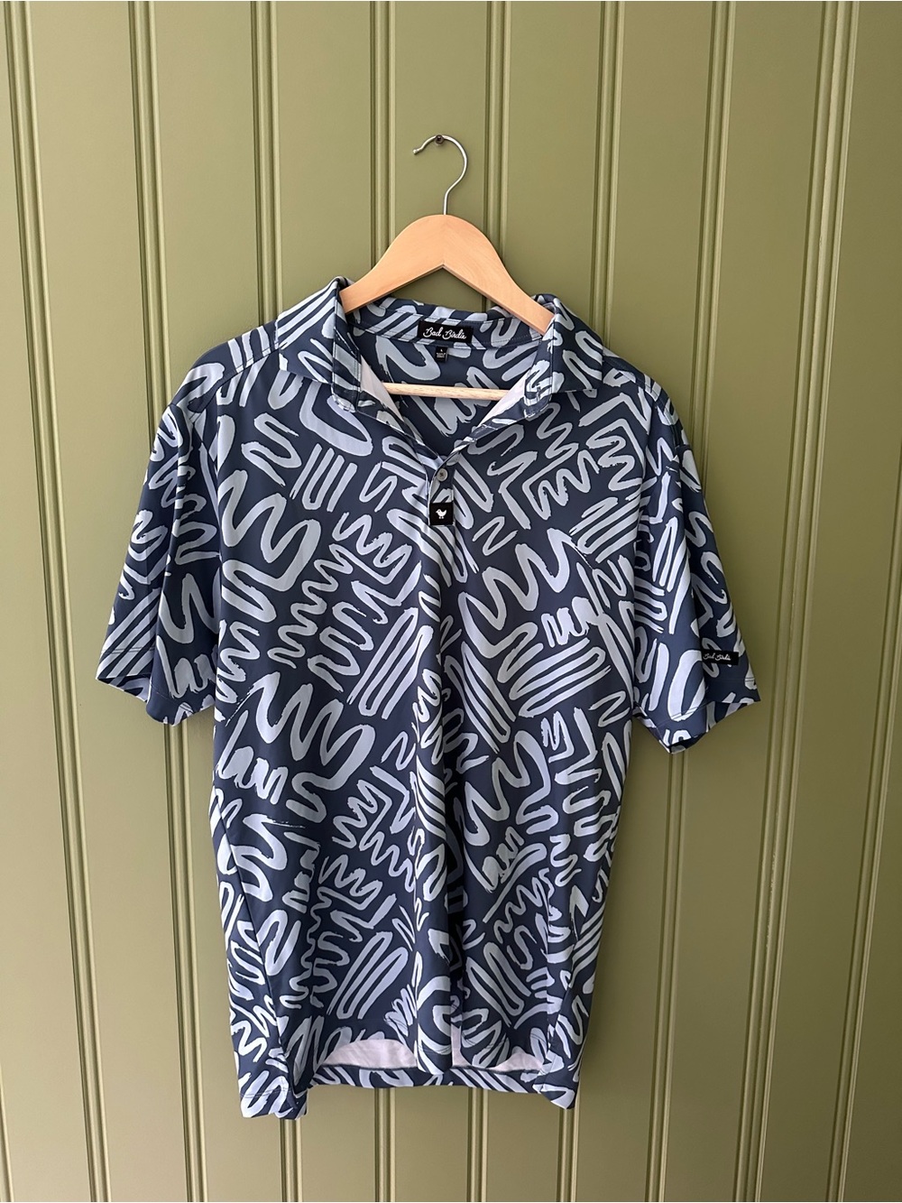 Bad Birdie Navy Polo with Light Gray Scribble Print